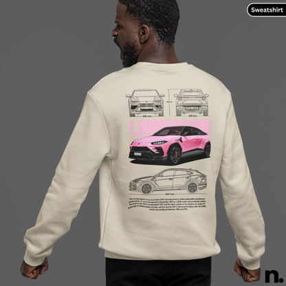 Person wearing a beige sweatshirt with car design on the back, on a gray background