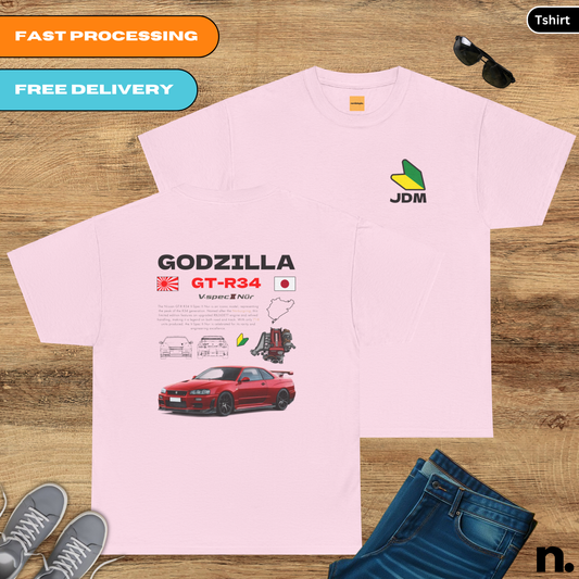 Godzilla GTR R34 V-spec II Nur Poster Style Back Print Unisex Cotton Tee,