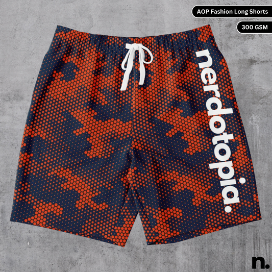  A flat lay of men's shorts with a red and navy pixelated camouflage pattern, subtly featuring the brand name on the side, showcasing the drawstring closure and pockets.