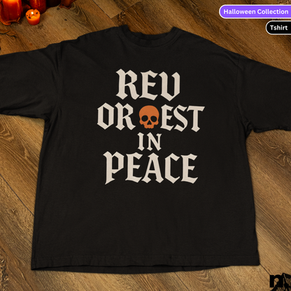 Black t-shirt with 'REV OR REST IN PEACE' text on a wooden surface