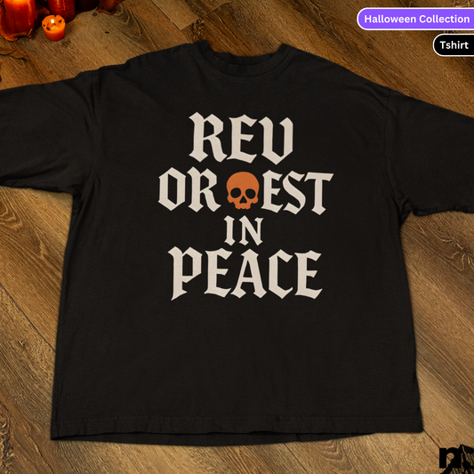 Black t-shirt with 'REV OR REST IN PEACE' text on a wooden surface
