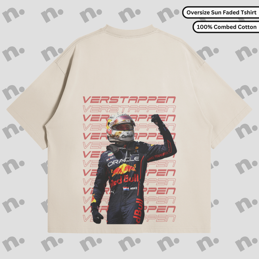 Flat lay of an oversized T-shirt featuring a bold Max Verstappen inspired design, styled with racing lifestyle accessories and a clean, neutral background.
