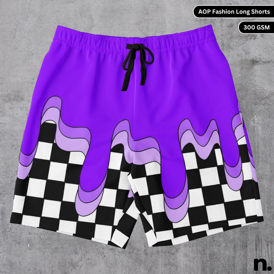 Flat lay mockup of streetwear long shorts featuring black-and-white checkered pattern with bold purple drip effect across the top