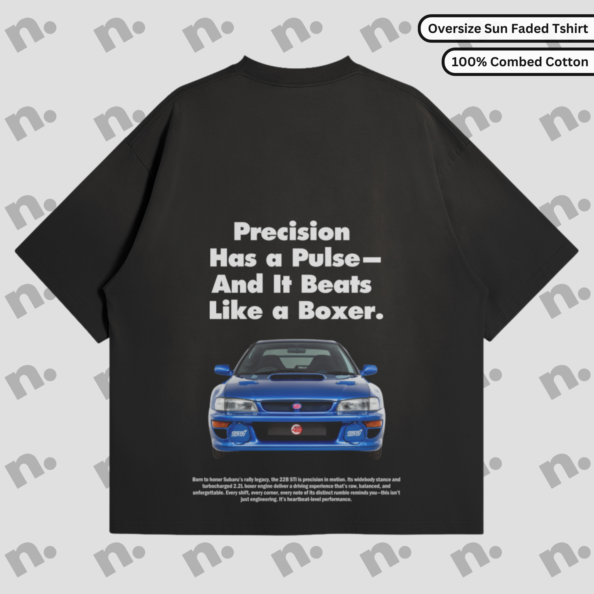 Sunfaded, vintage-style t-shirt inspired by the iconic Subaru 22b STI, offering a laid-back, worn-in look with a cool automotive design.