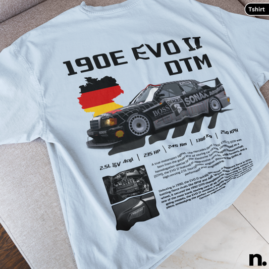 White t-shirt with a racing car design and text on a light surface