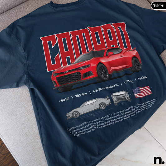 Navy blue t-shirt with red Camaro graphic and technical details on a white surface.