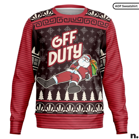 Sweatshirt with 'OFF DUTY' text and Santa Claus graphic on a dark background