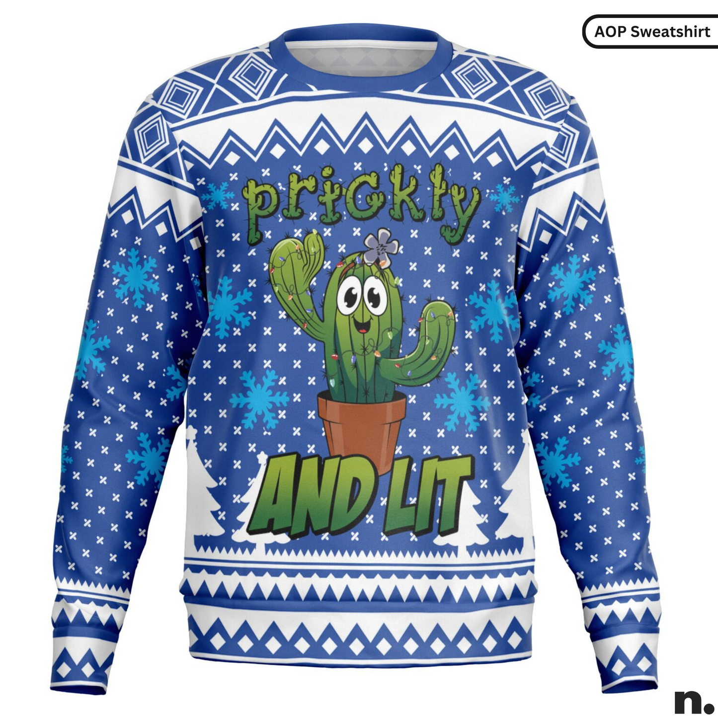 Blue and white patterned sweater with a cartoon cactus and text 'prickly and lit'.
