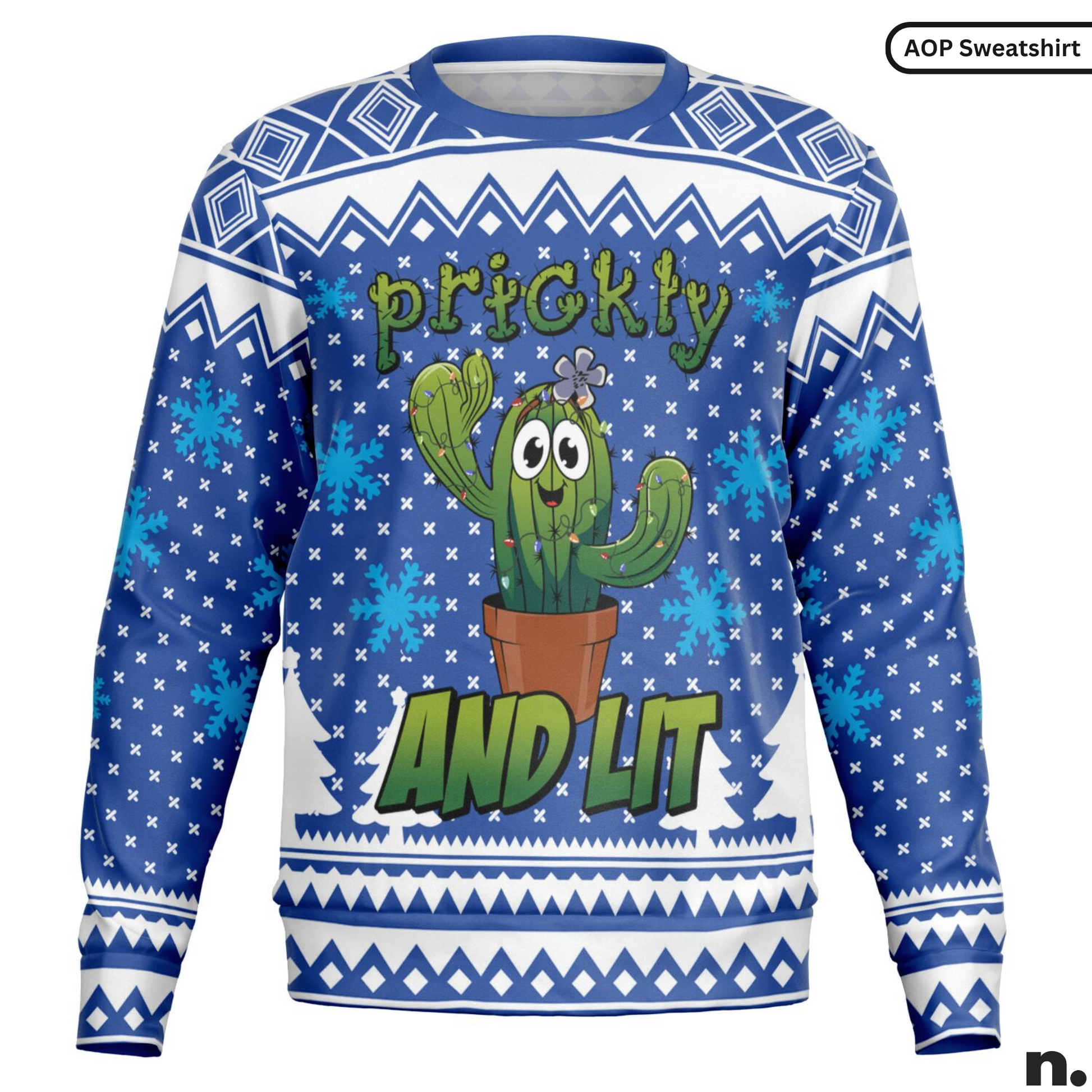 Blue and white patterned sweater with a cartoon cactus and text 'prickly and lit'.