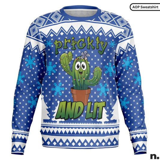Blue and white patterned sweater with a cartoon cactus and text 'prickly and lit'.