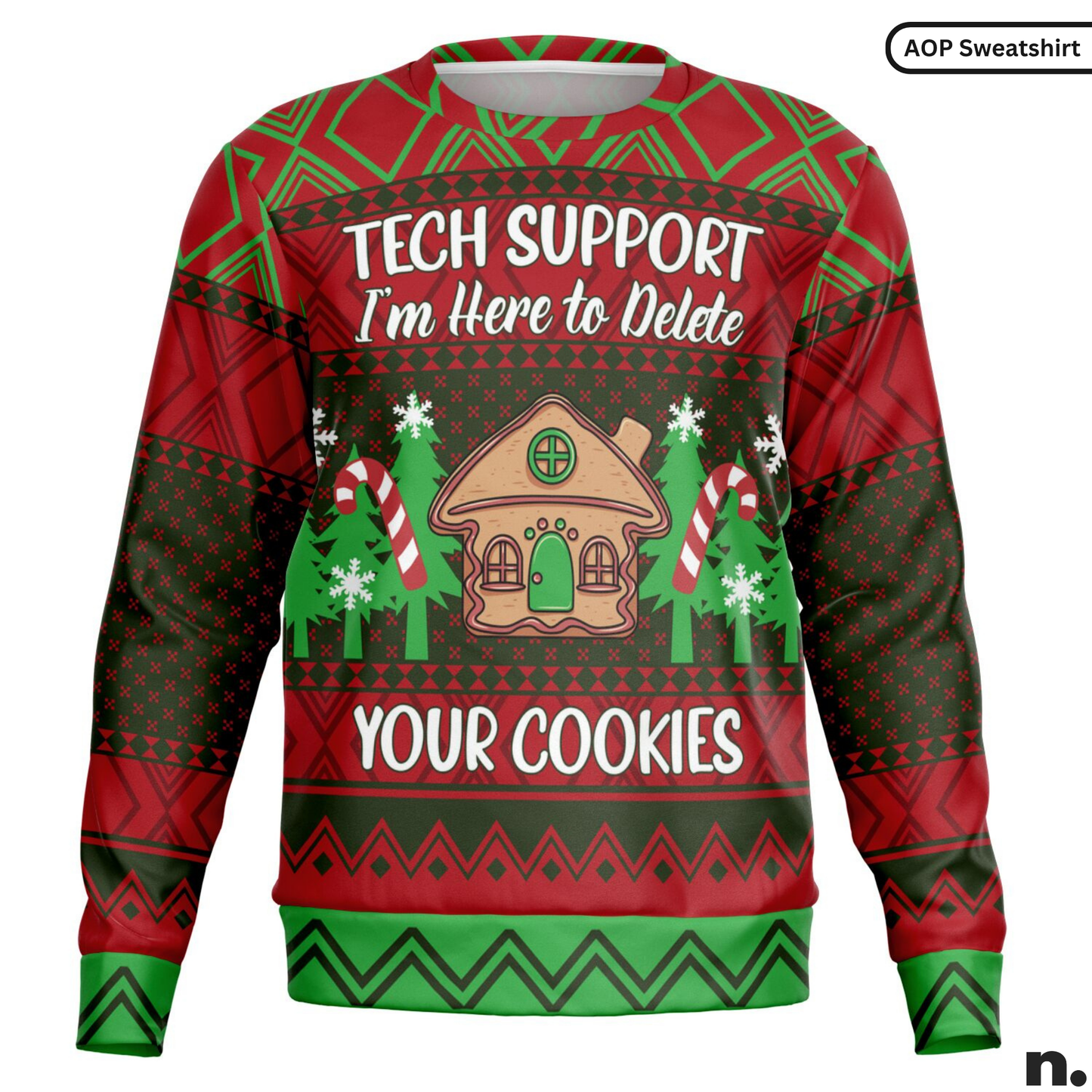 Red and green sweater with Christmas-themed design and text.