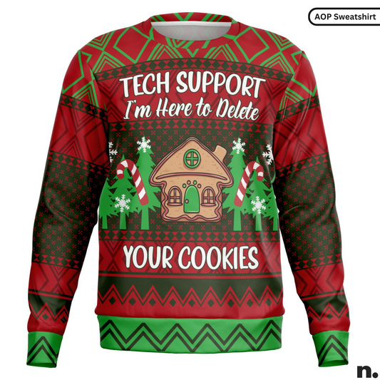 Red and green sweater with Christmas-themed design and text.