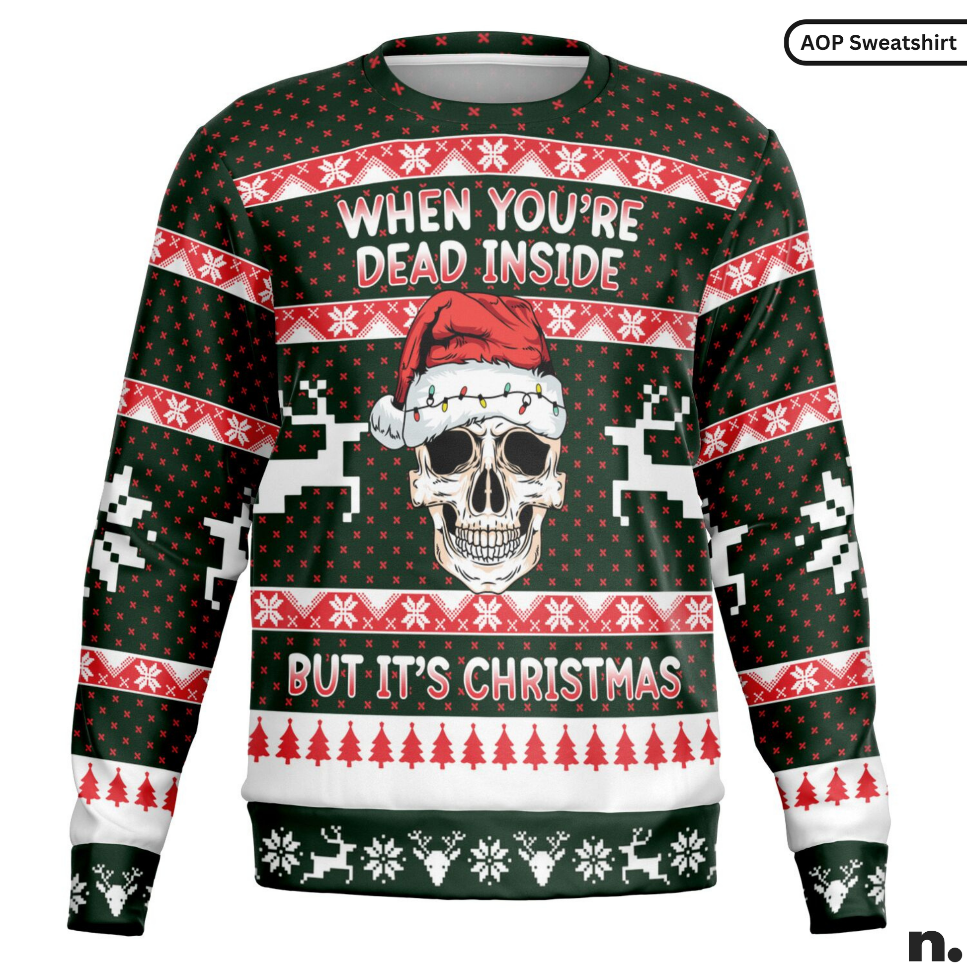 Ugly Christmas sweater with skull and text design on a white background