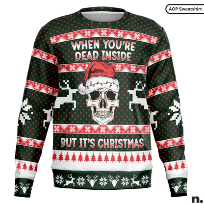 Ugly Christmas sweater with skull and text design on a white background