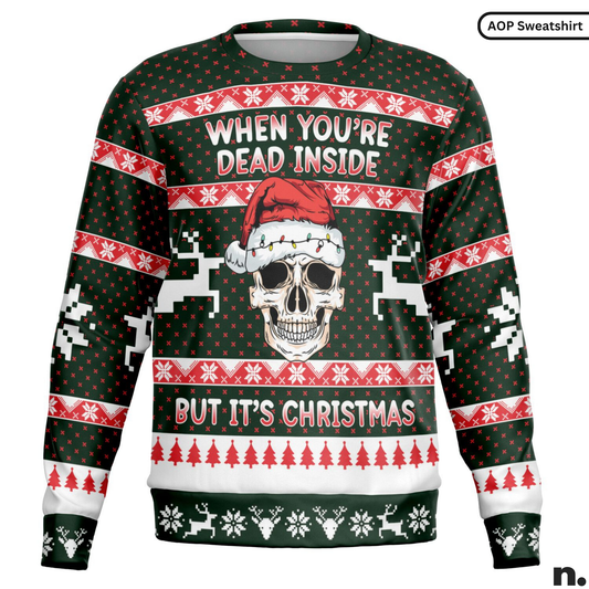 Ugly Christmas sweater with skull and text design on a white background