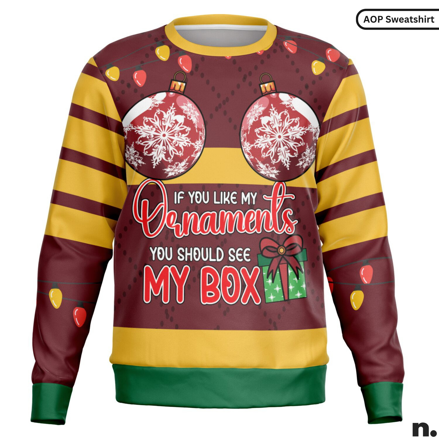 Christmas-themed sweater with ornaments and text on a white background