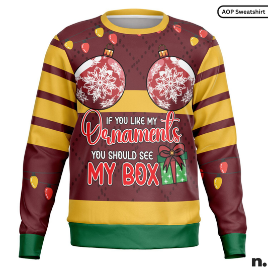 Christmas-themed sweater with ornaments and text on a white background