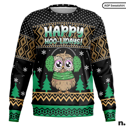 Christmas-themed sweater with owl design and 'Happy Hoo-lidays!' text on a black background.