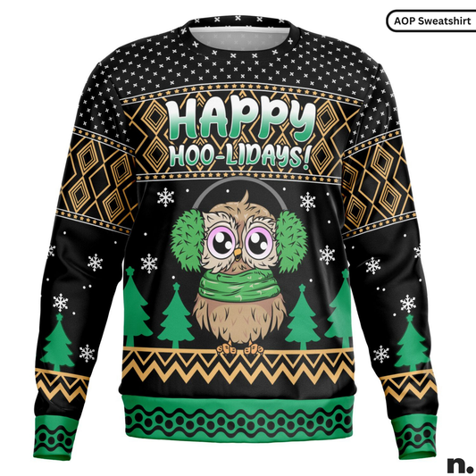 Christmas-themed sweater with owl design and 'Happy Hoo-lidays!' text on a black background.