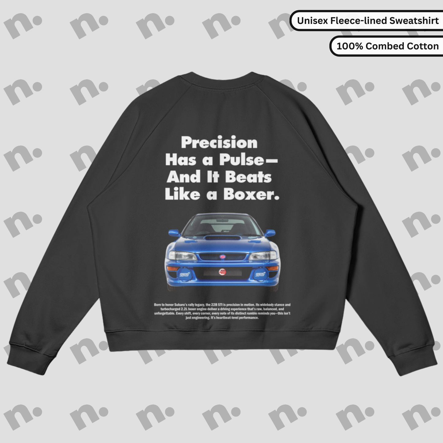 Premium fleece-lined sweatshirt inspired by the iconic Subaru 22b STI, featuring a comfortable and stylish automotive design for car enthusiasts.