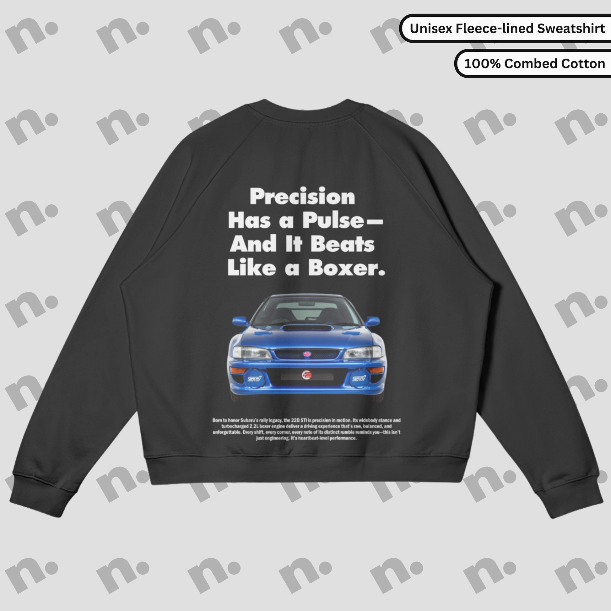 Premium fleece-lined sweatshirt inspired by the iconic Subaru 22b STI, featuring a comfortable and stylish automotive design for car enthusiasts.