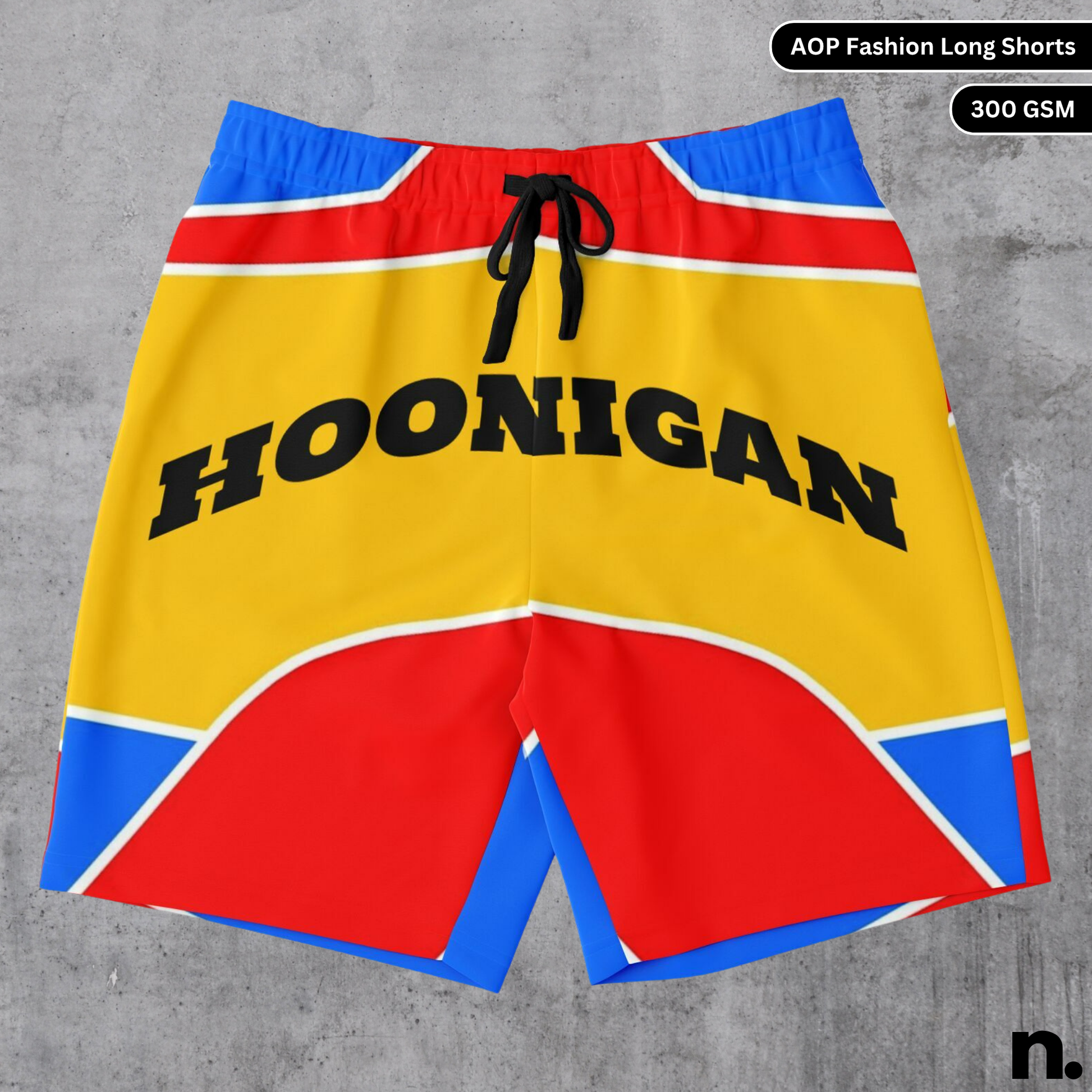 Flat lay mockup of Hoonigan-inspired racing livery shorts featuring bold typography and motorsport graphics