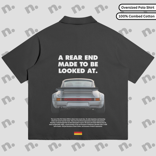 Porsche 930 Turbo rearview oversized polo shirt – bold automotive streetwear with relaxed fit and vintage car styling


