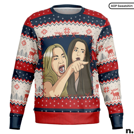 Ugly Christmas sweater with festive pattern and character design on a white background