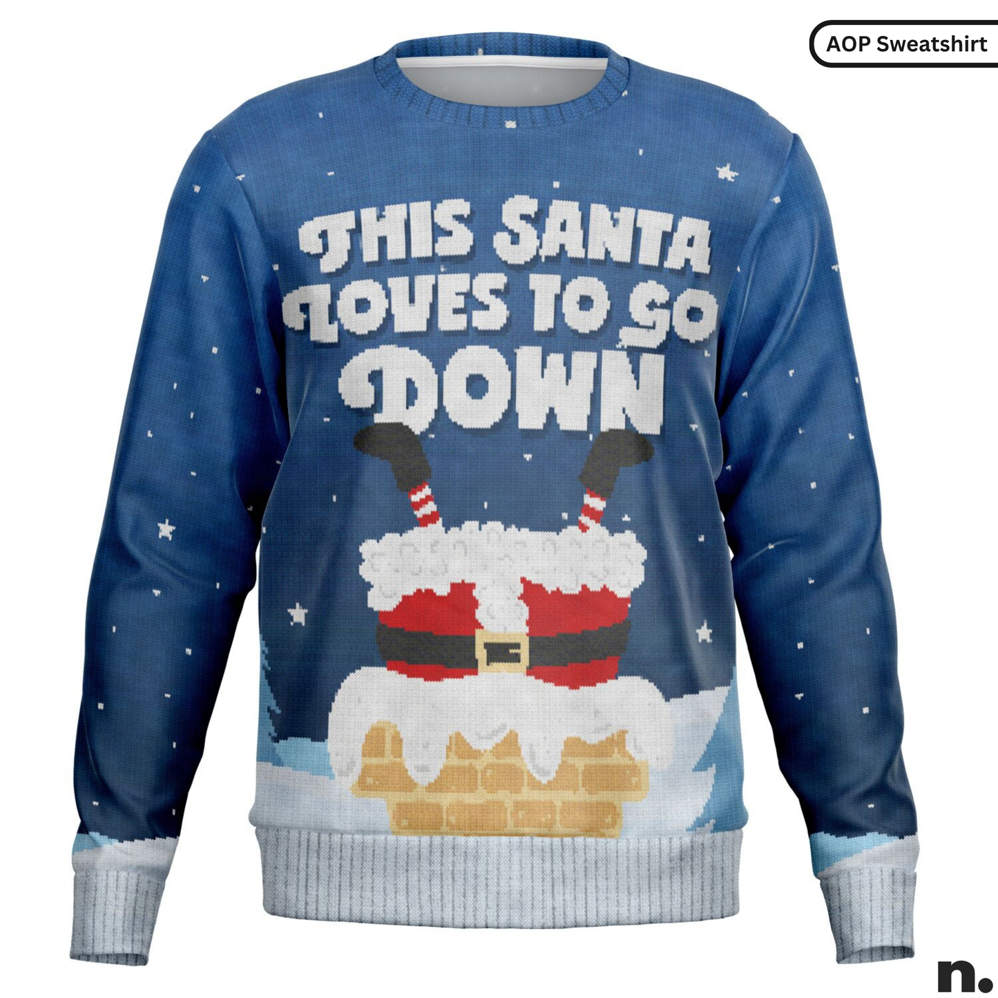 Blue sweater with Santa Claus design and text 'This Santa loves to so down' on a white background