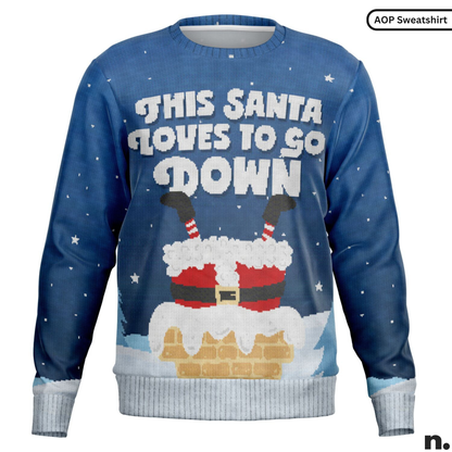 Blue sweater with Santa Claus design and text 'This Santa loves to so down' on a white background