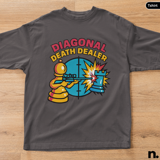 Gray t-shirt with colorful graphic design on a wooden surface