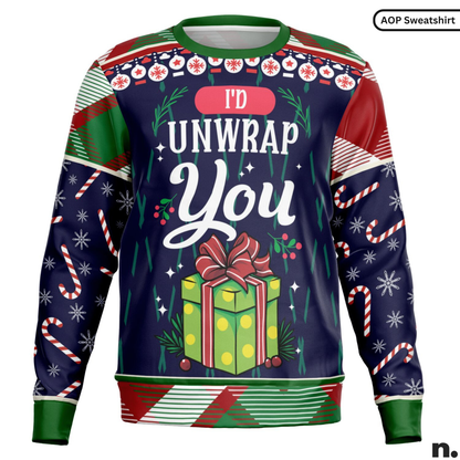 Christmas-themed AOP sweatshirt with 'I'd Unwrap You' text and gift design on a white background.