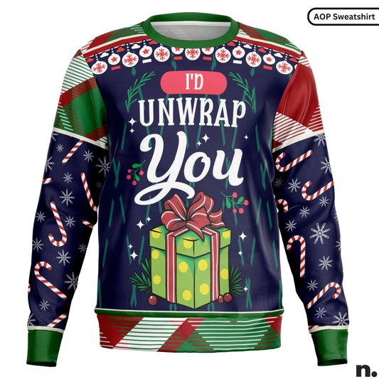 Christmas-themed AOP sweatshirt with 'I'd Unwrap You' text and gift design on a white background.