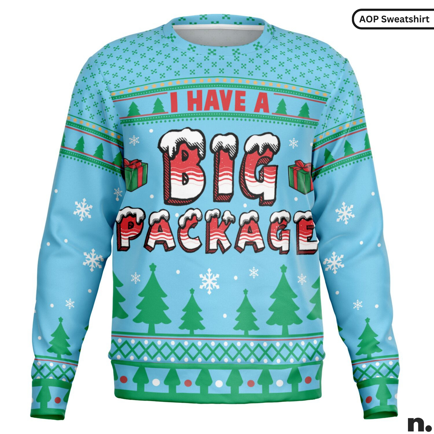 Christmas-themed sweater with 'I Have a Big Package' text on a blue background