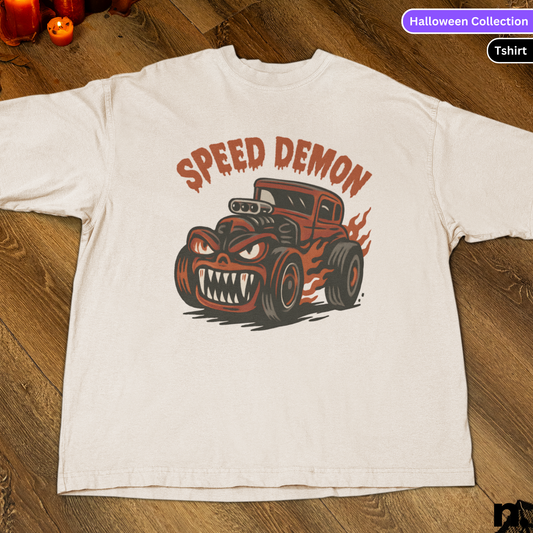 White t-shirt with 'Speed Demon' graphic design on a wooden surface
