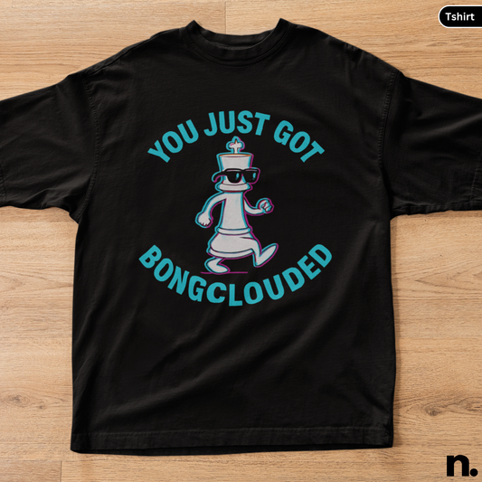 Black t-shirt with a graphic design and text on a wooden surface