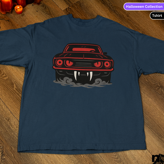Halloween inspired muscle car graphic tee in navy
