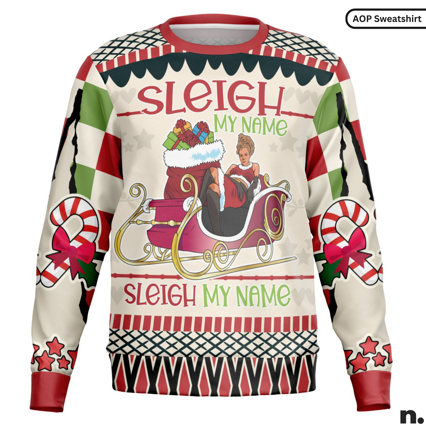 Christmas-themed sweater with 'Sleigh My Name' text and Santa design on a white background.