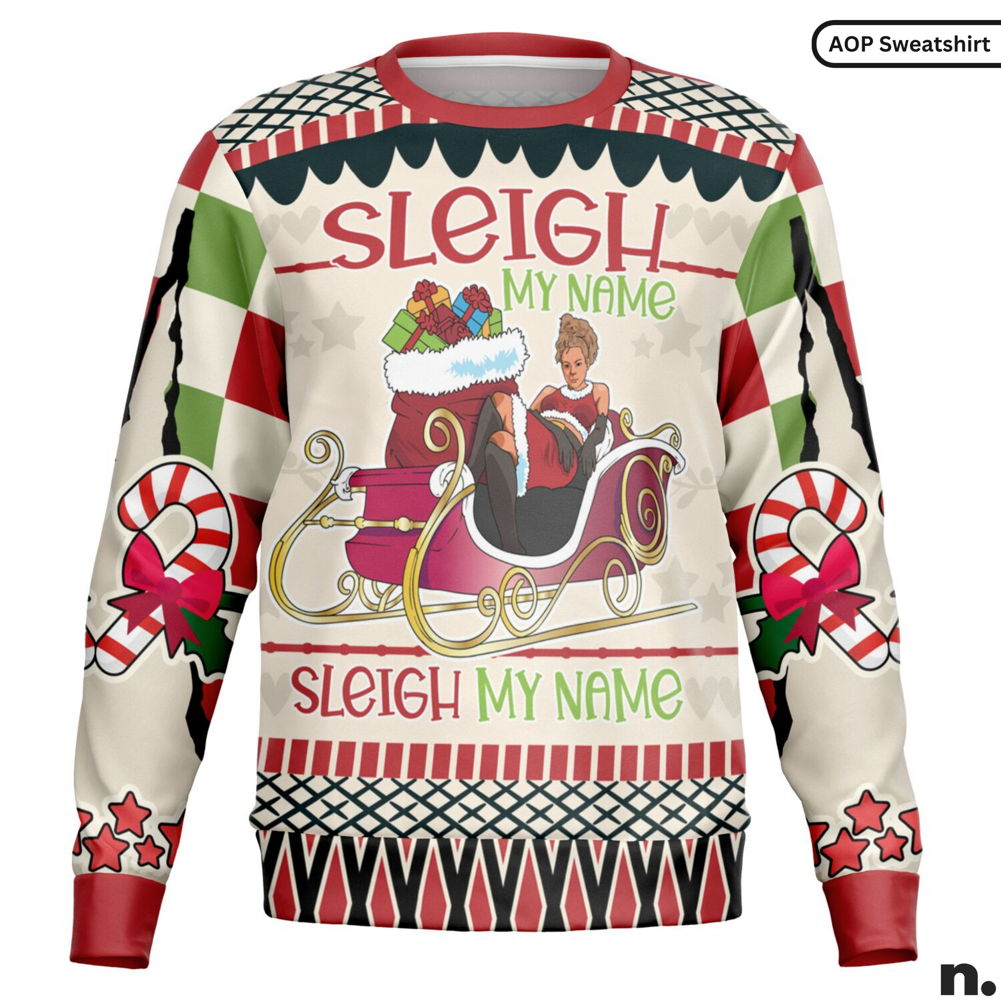 Christmas-themed sweater with 'Sleigh My Name' text and Santa design on a white background.
