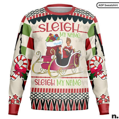 Christmas-themed sweater with 'Sleigh My Name' text and Santa design on a white background.