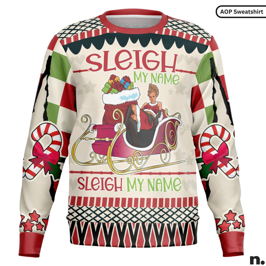 Christmas-themed sweater with 'Sleigh My Name' text and Santa design on a white background.