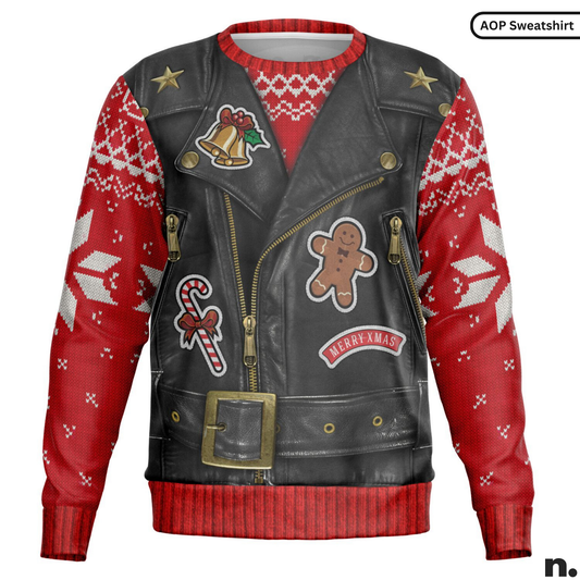 Red sweater with Christmas-themed designs and a black leather jacket print on a white background.