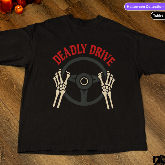 Black t-shirt with 'DEADLY DRIVE' graphic on a wooden surface