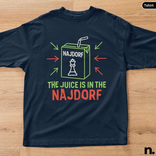 Juice is in the najdorf chess opening tee flat lay mockup
