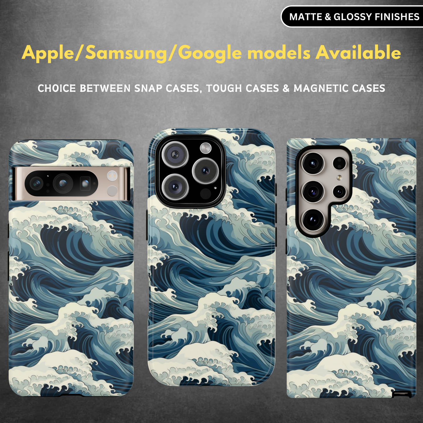 A collection of phone cases with a 3D wrap design featuring abstract blue waves, available for Apple and Samsung models. The cases show variations between snap, tough, and magnetic designs.