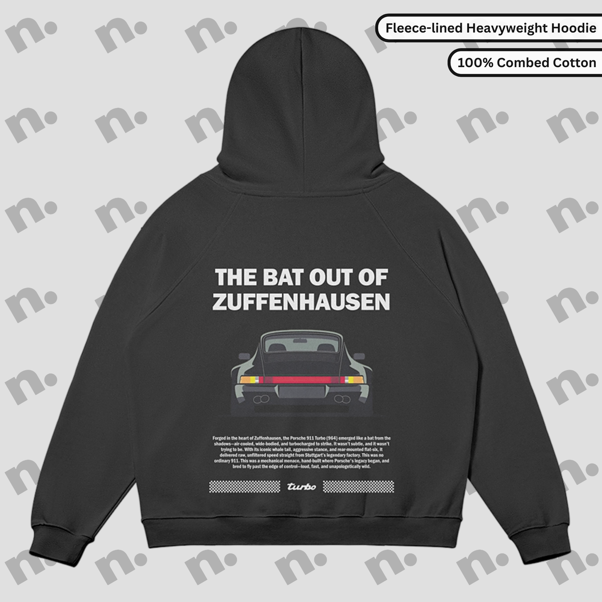 Flat lay of Zuffenhausen Bat 911 heavyweight fleece-lined hoodie in grayscale, with snap collar, kangaroo pocket, and oversized fit.