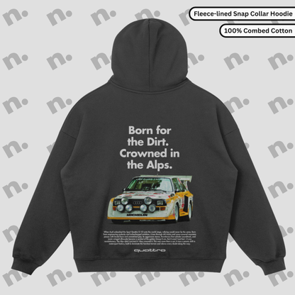 Crowned in the Alps Quattro Snap-Collar Fleece Hoodie – Premium fleece hoodie with a unique snap-collar design and alpine-inspired aesthetic.

