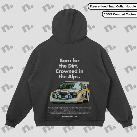 Crowned in the Alps Quattro Snap-Collar Fleece Hoodie – Premium fleece hoodie with a unique snap-collar design and alpine-inspired aesthetic.

