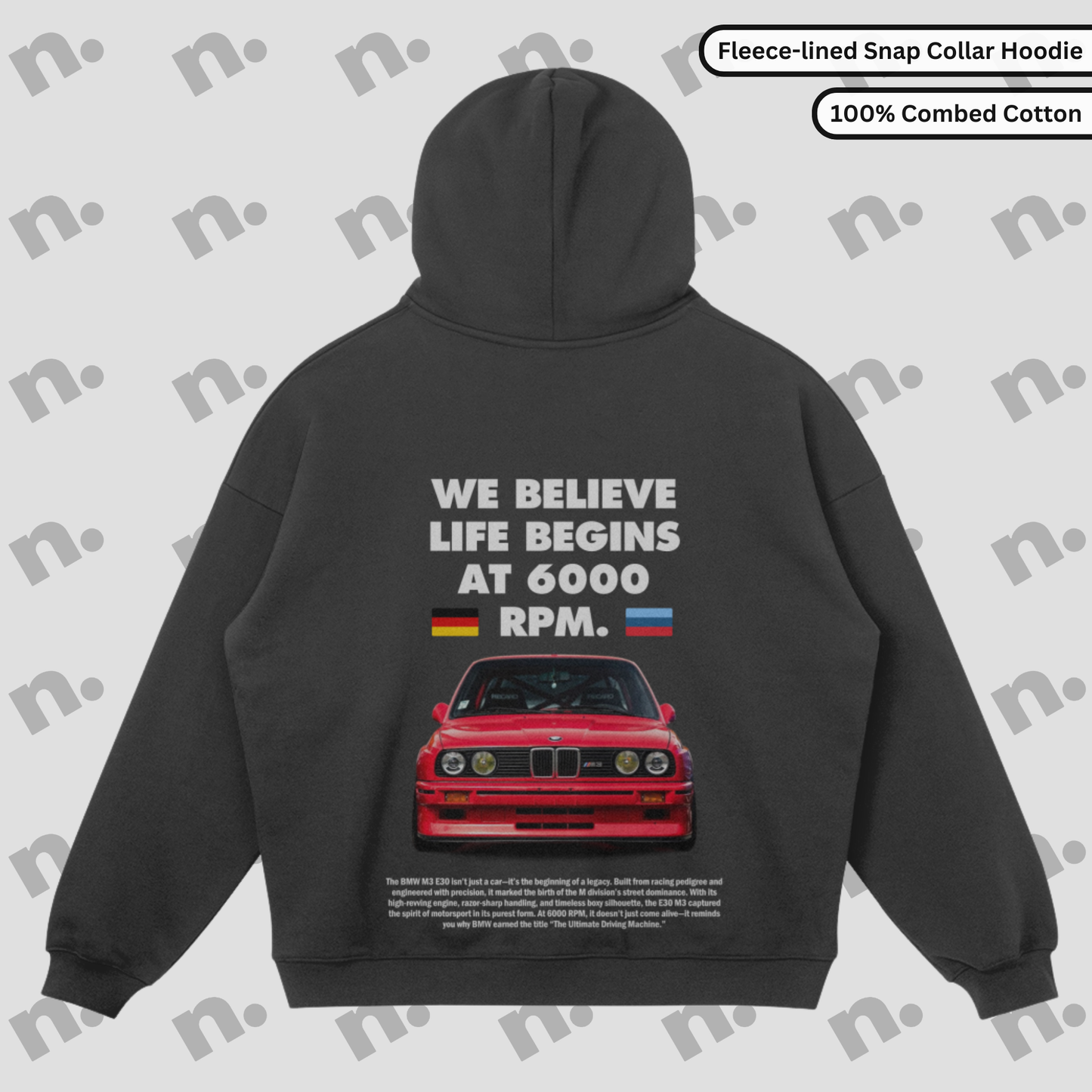 E30 M3 "Life Begins at 6000 RPM" Snap-Collar Hoodie