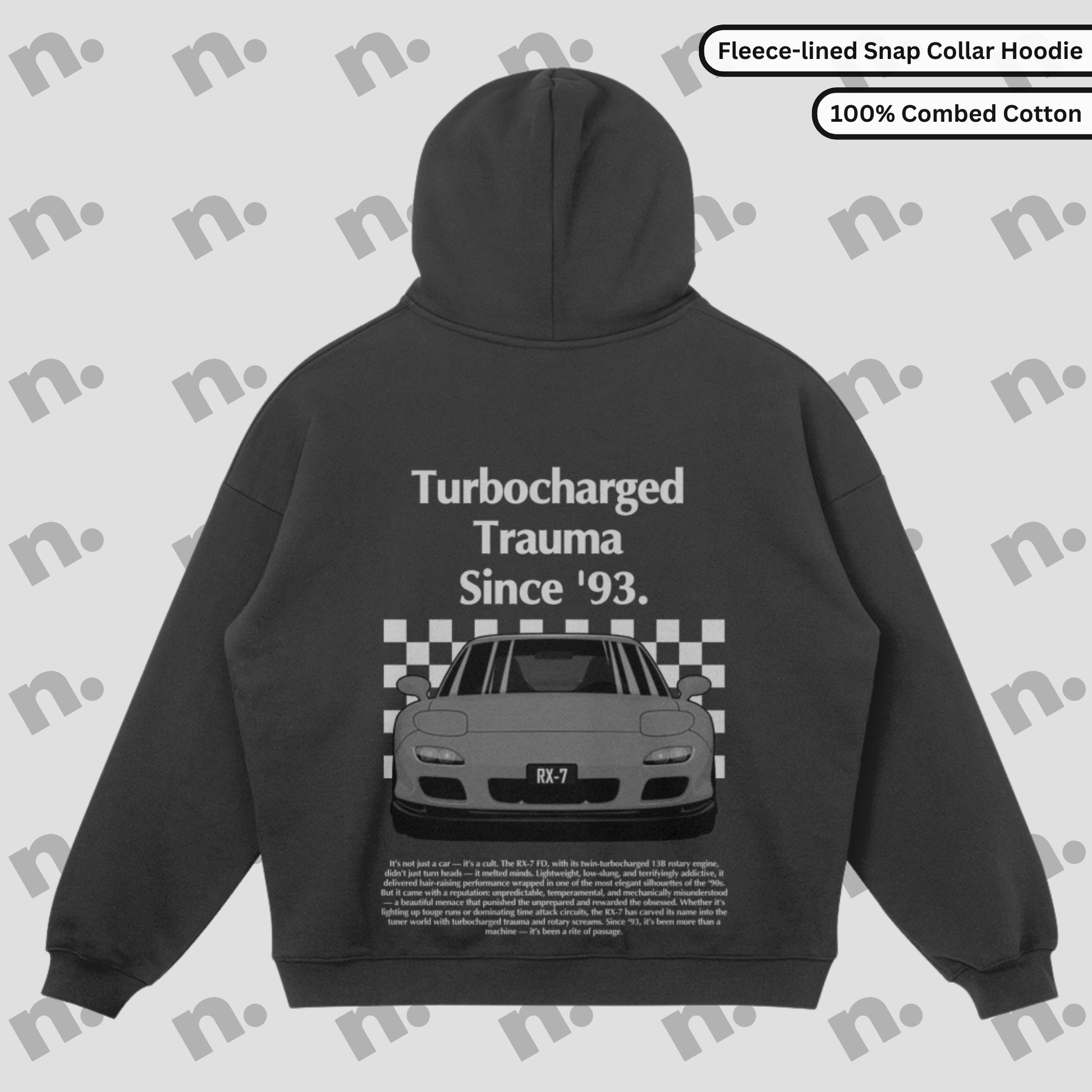 Turbocharged Trauma Since ’93 RX-7 snap collar fleece hoodie – stylish and functional hoodie for JDM lovers, with premium warmth and standout design.

